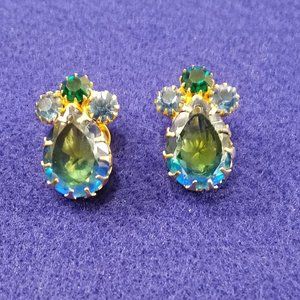 Vintage Teardrop Faceted Clip Back Earrings with Bluish Green Rhinestones